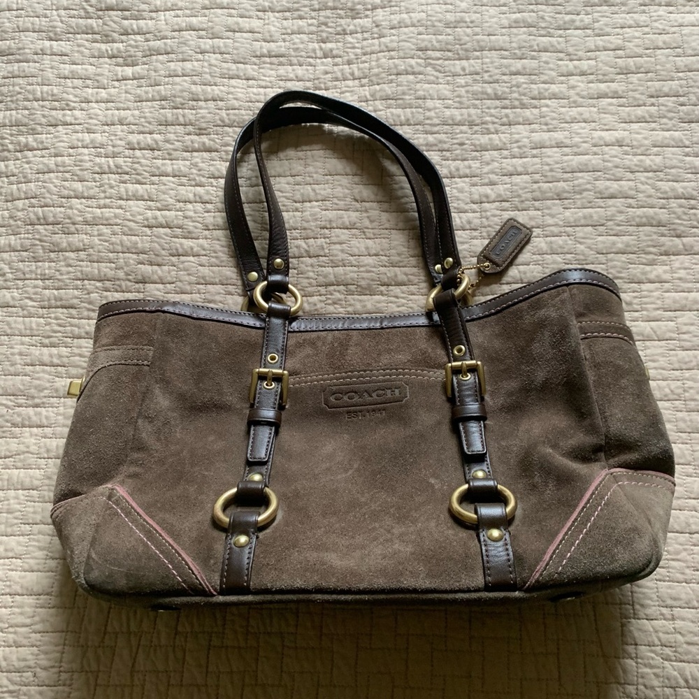 Coach Brown Suede Shoulder Bag with Dark Brown Straps